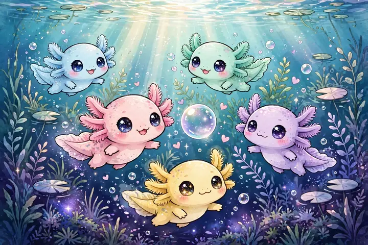 Axo and his axolotl friends swimming in a dreamy pond that deepens into a glowing galaxy