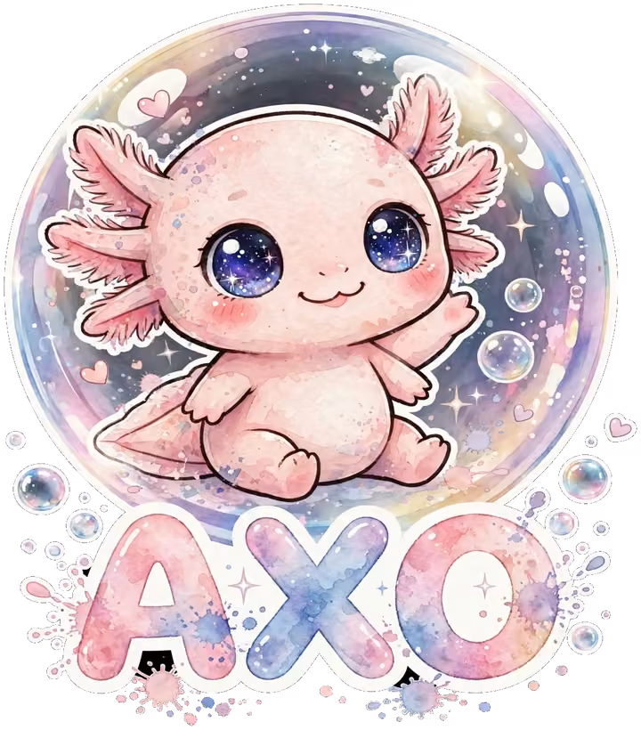 AXO — a pink axolotl floating inside a bubble